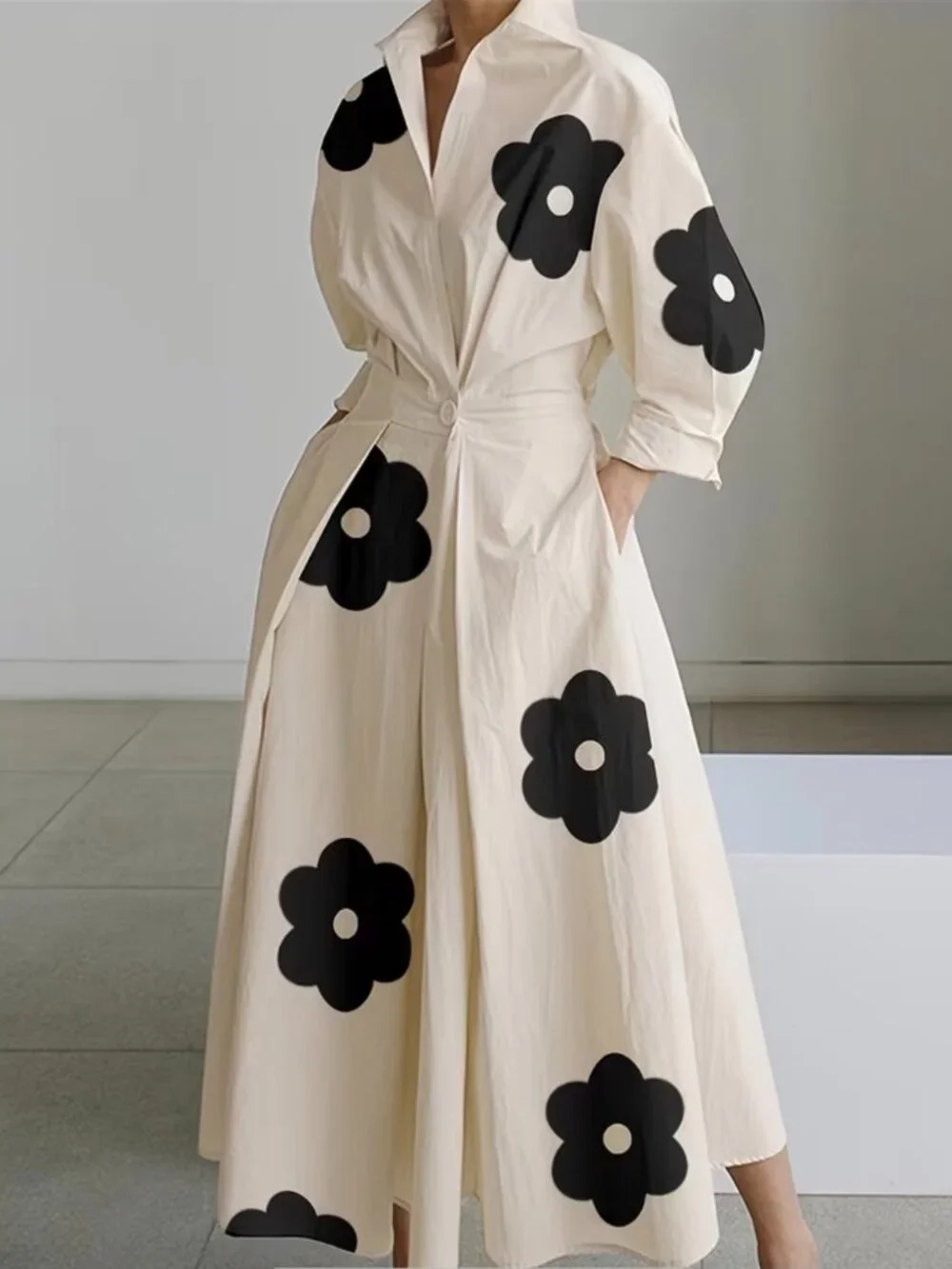Long Sleeves Loose Contrast Color Floral Printed Pleated Tie Waist Lapel Midi